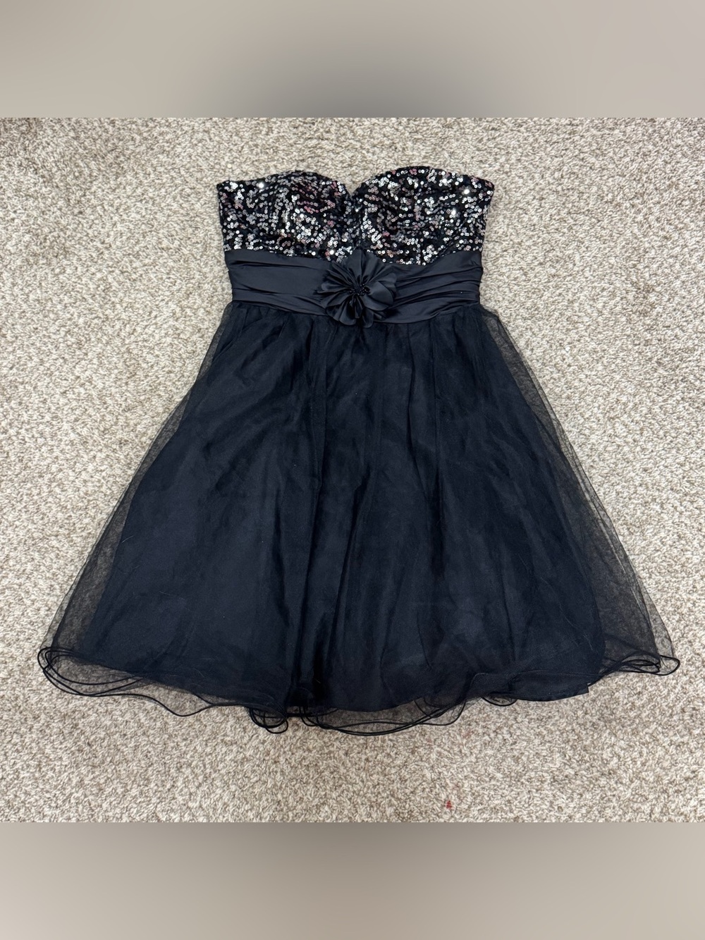 Vintage Y2K mcbling black deb sequin strapless mini party dress